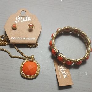 Matching Rain Orange and Gold 3 Piece Set Earrings..bracelet Necklace